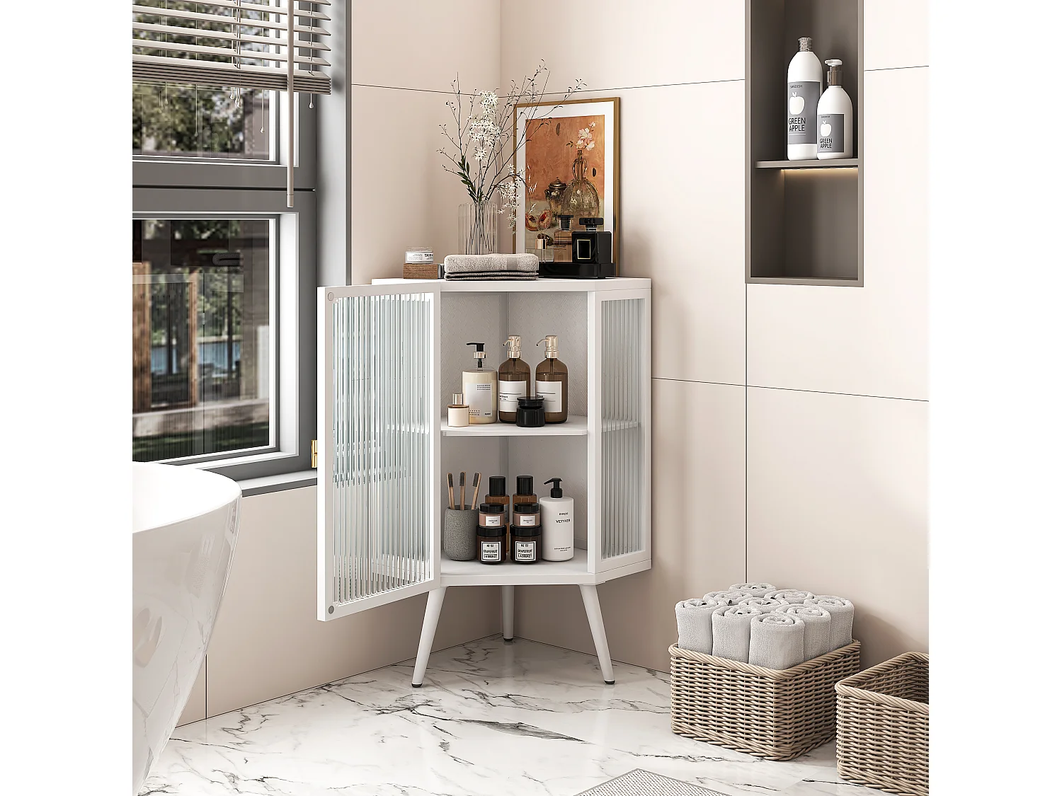 Armoire Conique avec Porte en Verre trempé et étagères de Rangement pour Salle de Bain, Salon,Blanc