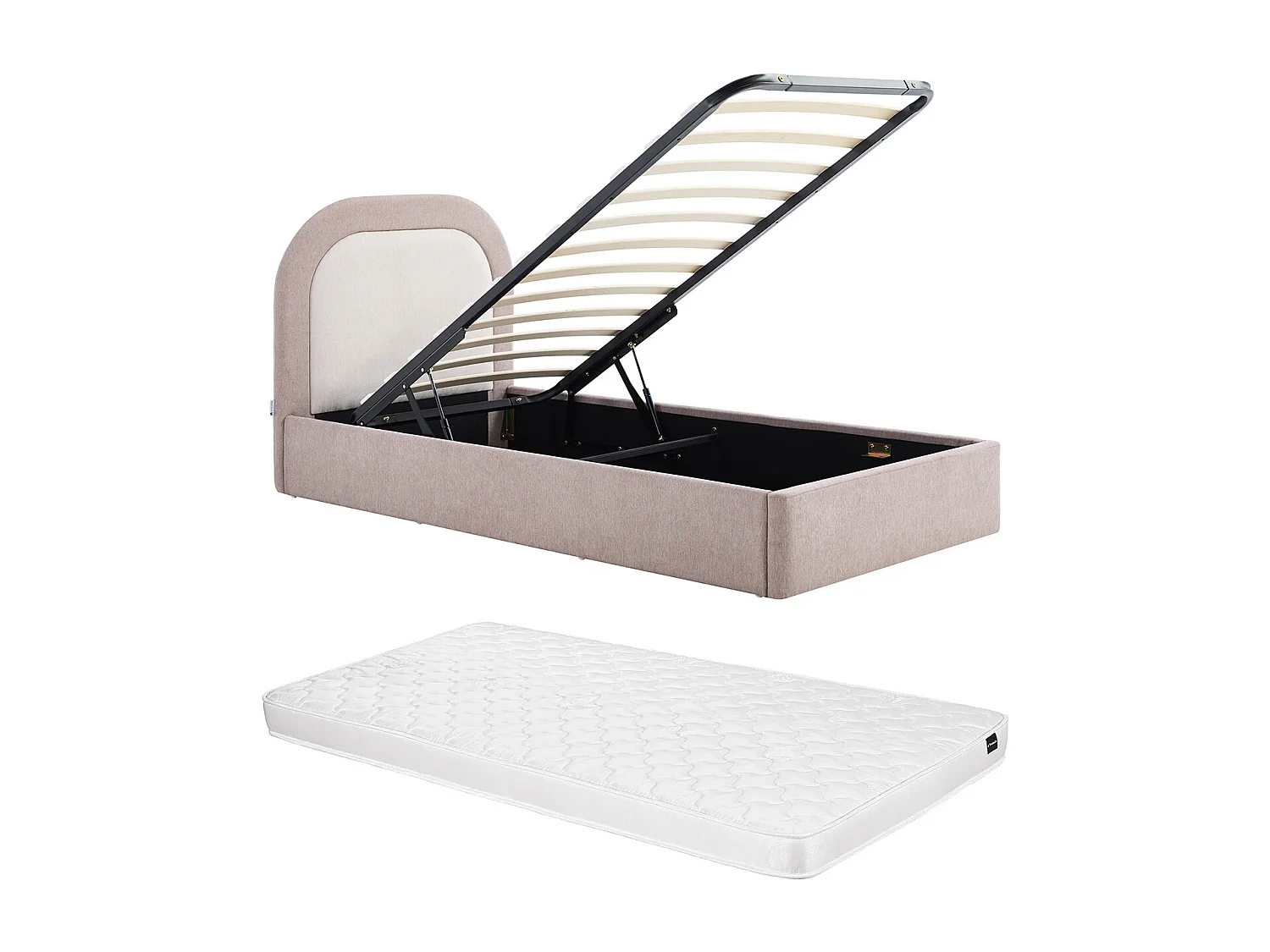 Lit coffre 90 x 190 cm – Tissu – Taupe et Beige + Matelas - IDONO