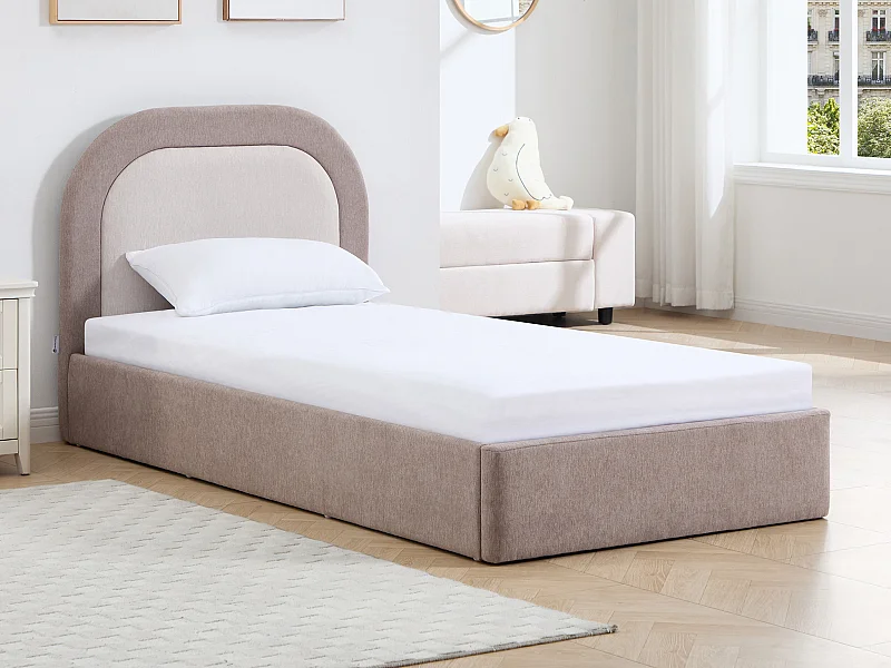 Lit coffre 90 x 190 cm – Tissu – Taupe et Beige + Matelas - IDONO
