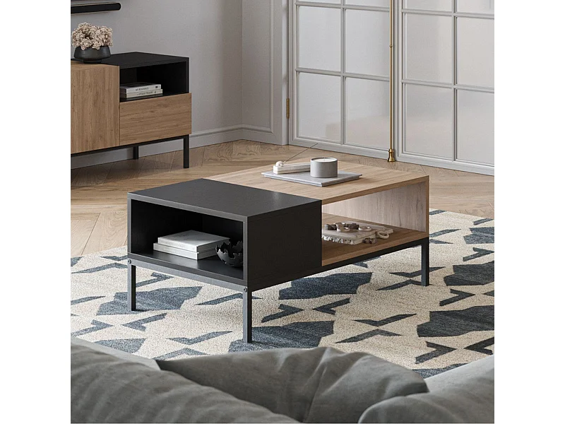 Table basse en mélaminé imitation bois et noir piètement métal laqué noir - CALLAS