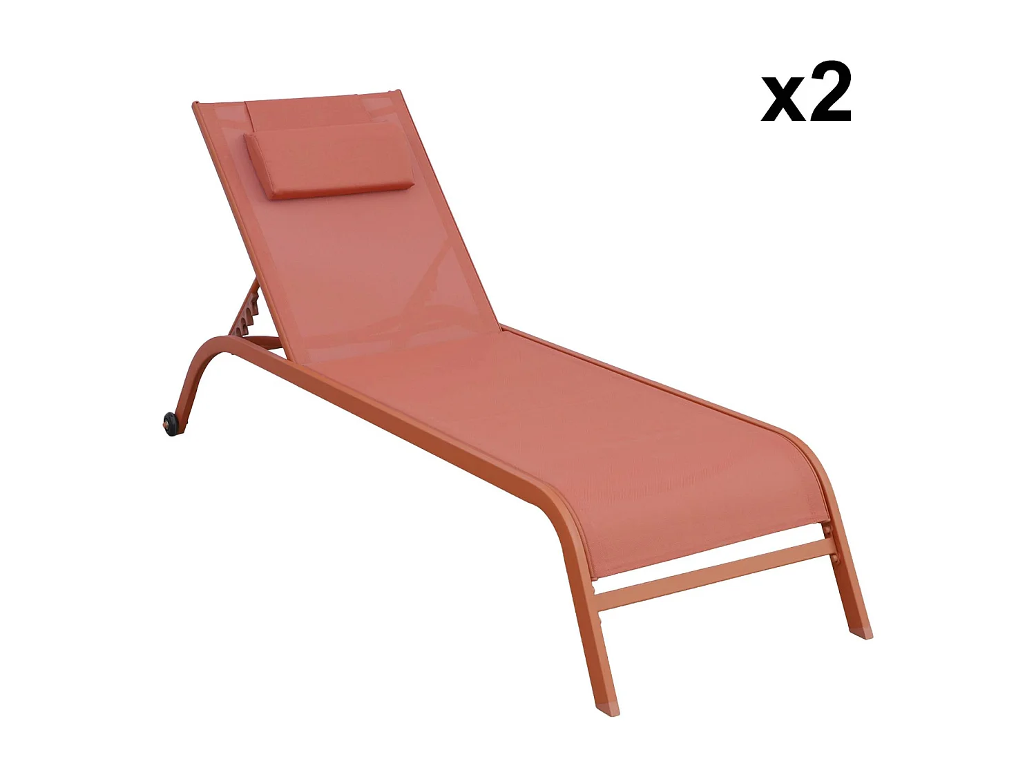 Lot de 2 bains de soleil acier terracotta multi positions avec coussin et roulettes - Ona