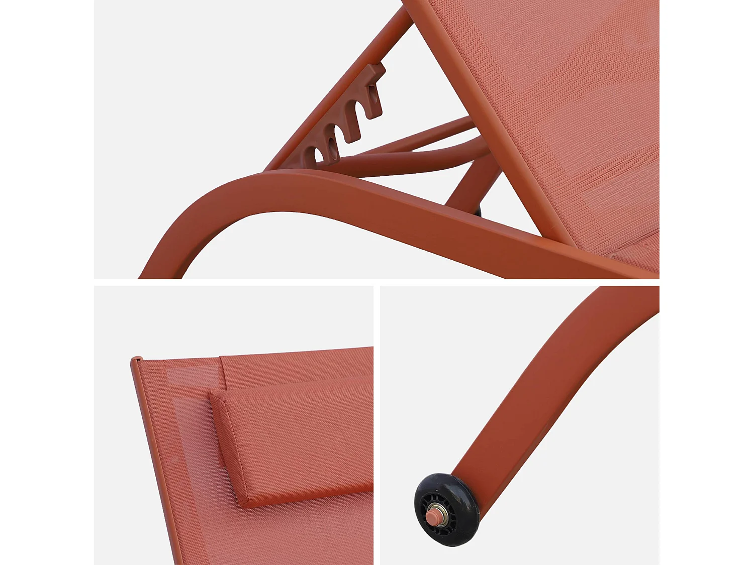 Lot de 2 bains de soleil acier terracotta multi positions avec coussin et roulettes - Ona