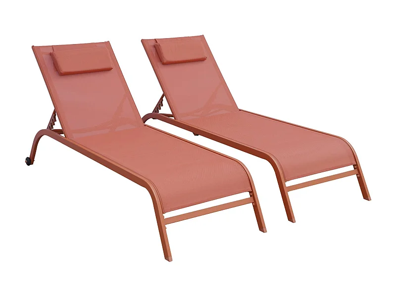 Lot de 2 bains de soleil acier terracotta multi positions avec coussin et roulettes - Ona