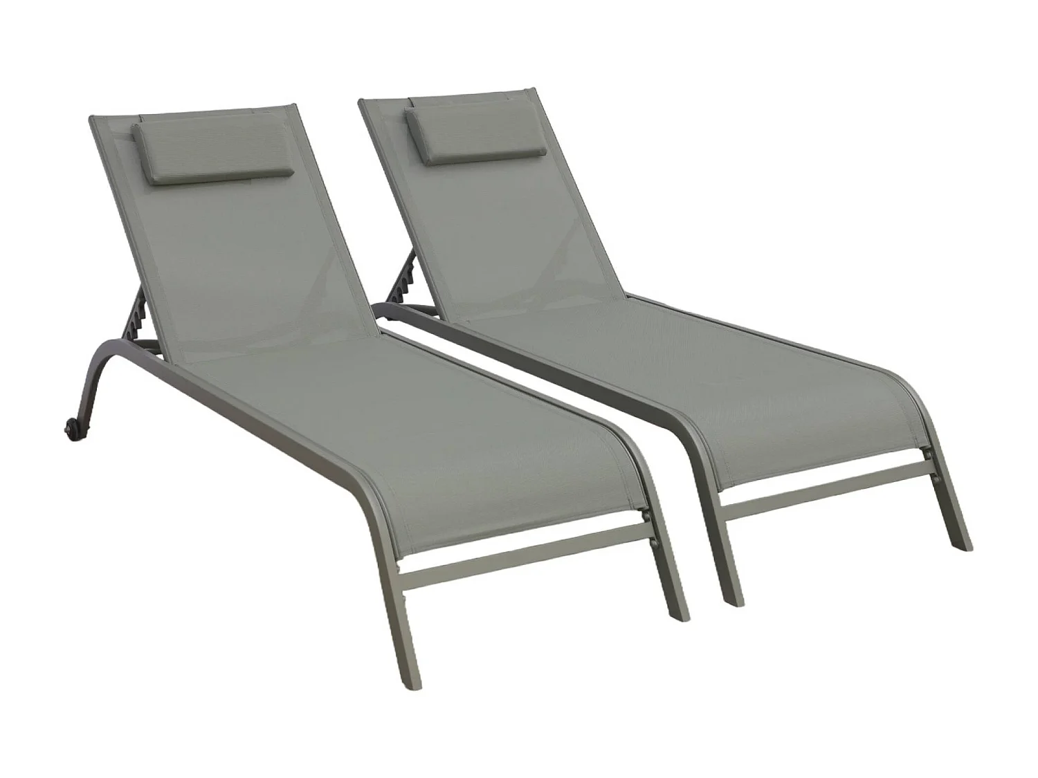 Lot de 2 bains de soleil acier kaki multi positions avec coussin et roulettes - Ona