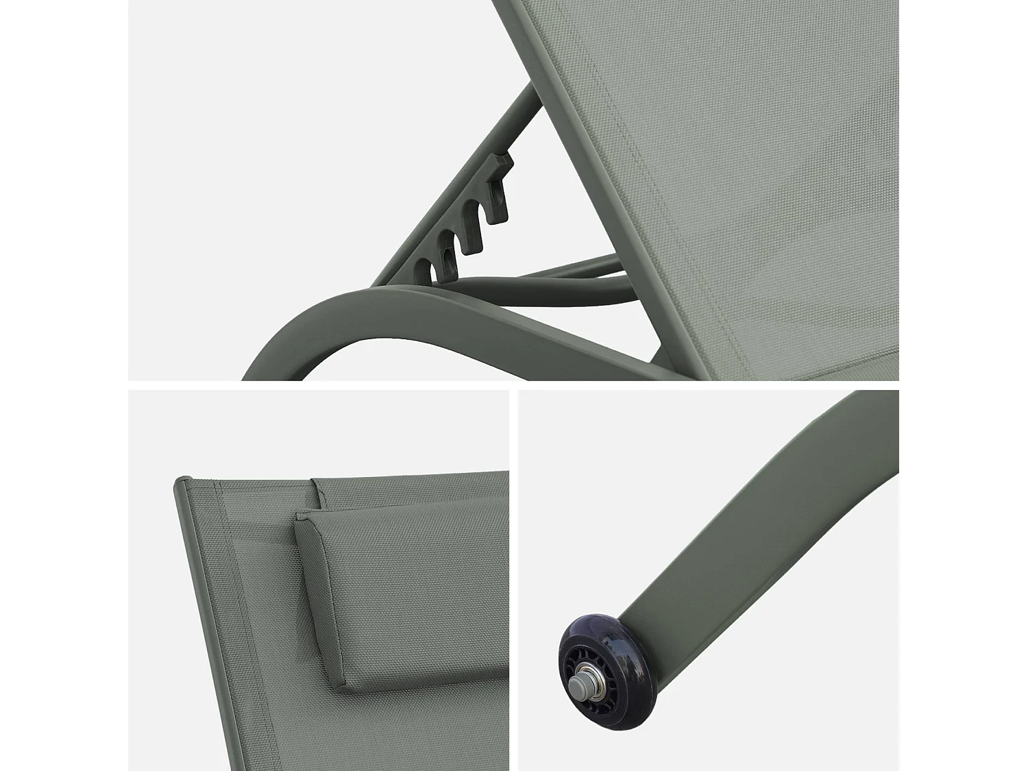 Tumbona de acero multiposición con cojín y ruedas, set de 2 verde kaki