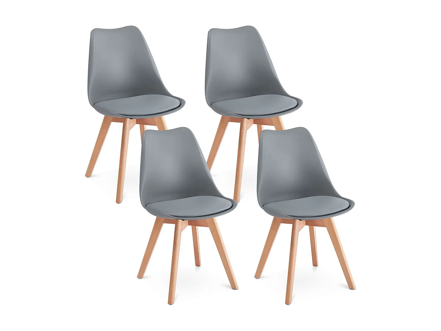 Lot de 4 chaises de salle à manger ABBY style scandinave gris clair design nordique piètement bois massif, siège coque rembourré