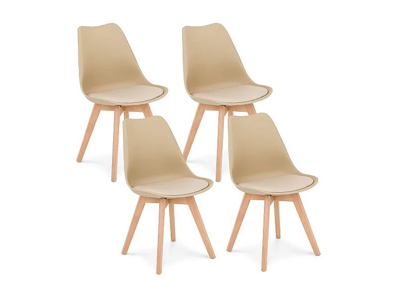 Lot de 4 chaises de salle à manger ABBY style scandinave coloris champage design nordique piètement bois massif, siège coque