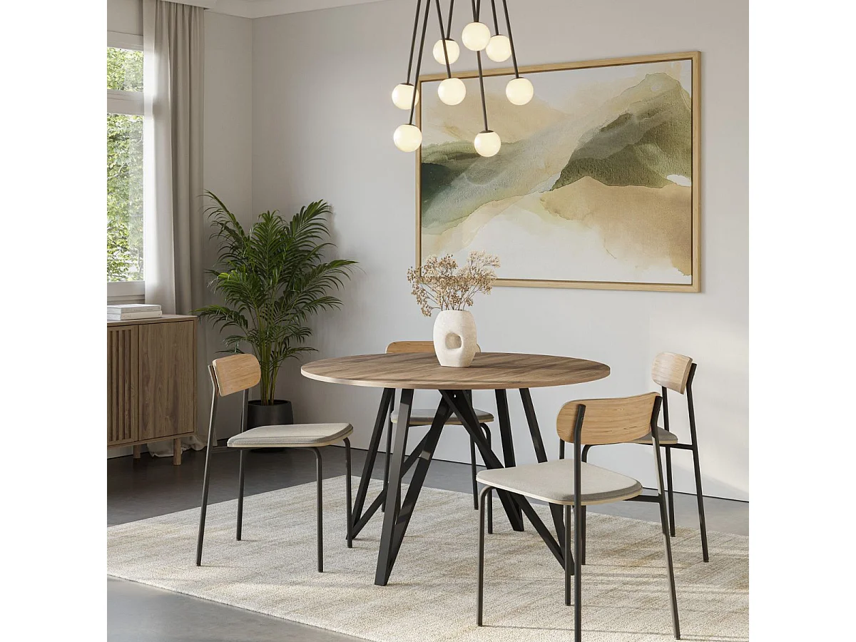 Table ronde Ø130cm plateau en mélaminé imitation chêne moyen et pieds design en métal laqué noir - URIELLE