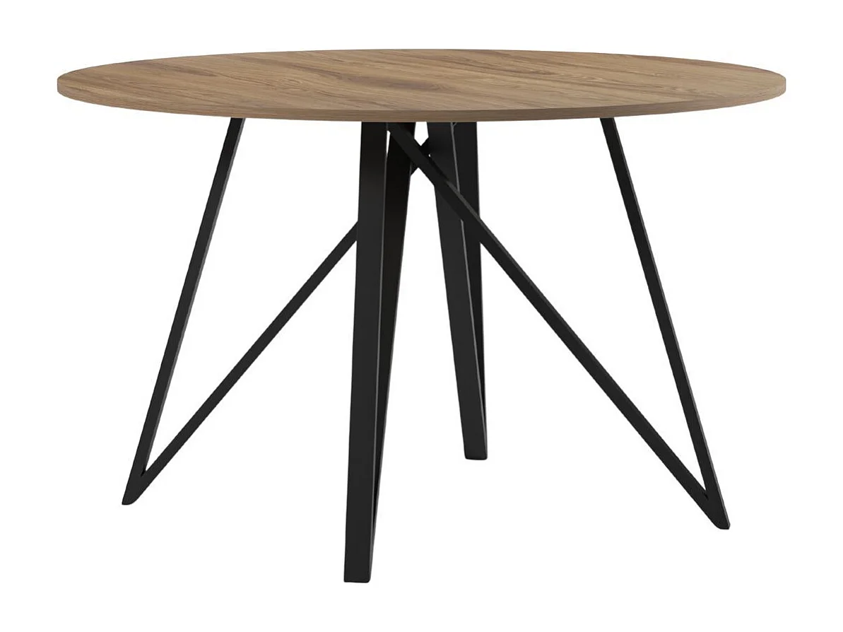 Table ronde Ø130cm plateau en mélaminé imitation chêne moyen et pieds design en métal laqué noir - URIELLE