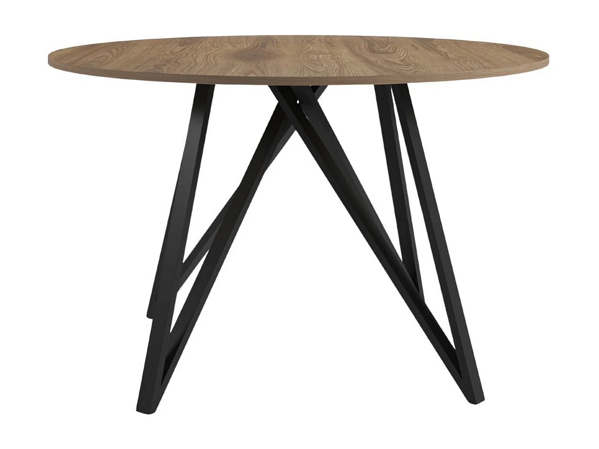 Table ronde Ø130cm plateau en mélaminé imitation chêne moyen et pieds design en métal laqué noir - URIELLE