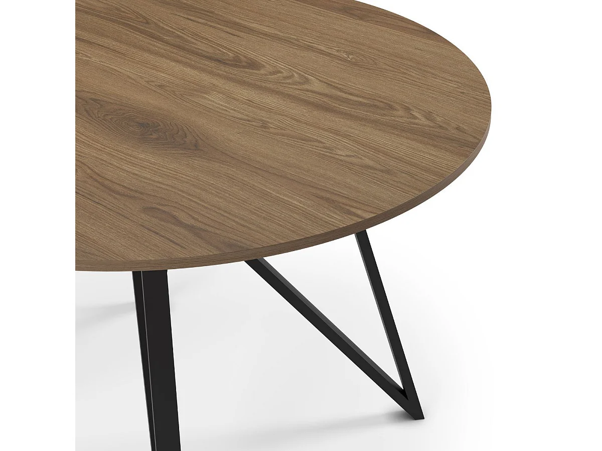 Table ronde Ø130cm plateau en mélaminé imitation chêne moyen et pieds design en métal laqué noir - URIELLE