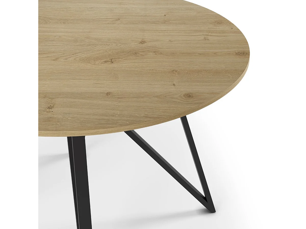Table ronde Ø120cm plateau en mélaminé imitation chêne clair et pieds design en métal laqué noir - URIELLE