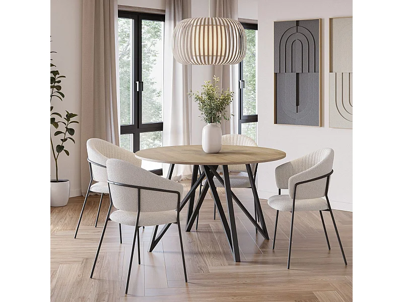 Table ronde Ø120cm plateau en mélaminé imitation chêne clair et pieds design en métal laqué noir - URIELLE