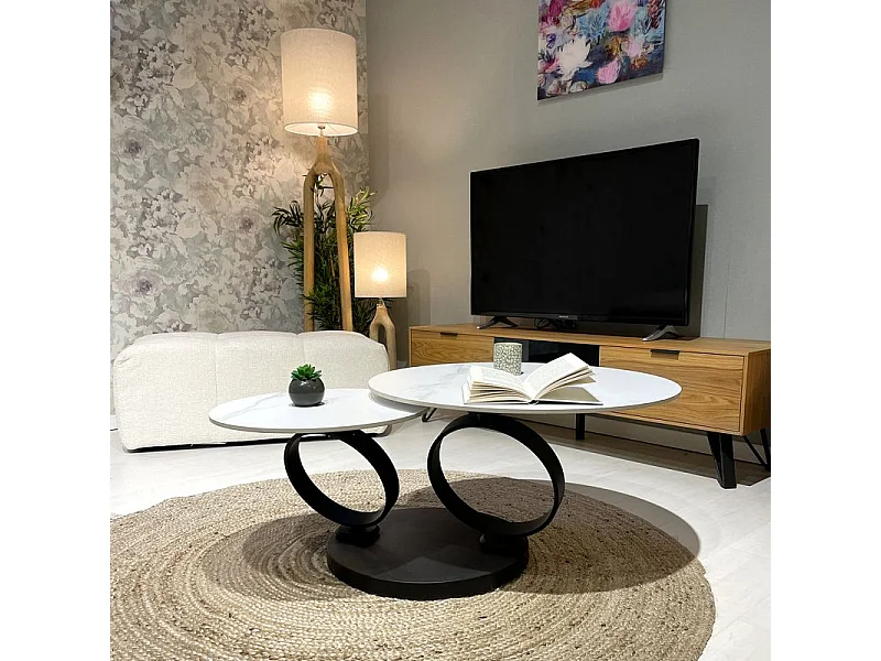 Table basse 2 plateaux ronds rotatifs céramique blanc marbré - SHIVA