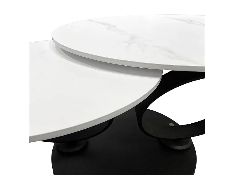 Table basse 2 plateaux ronds rotatifs céramique blanc marbré - SHIVA