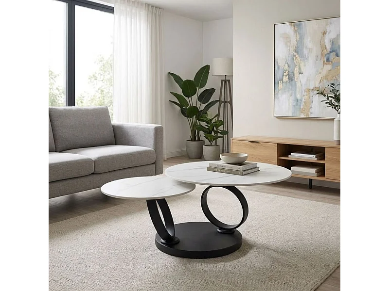 Table basse 2 plateaux ronds rotatifs céramique blanc marbré - SHIVA