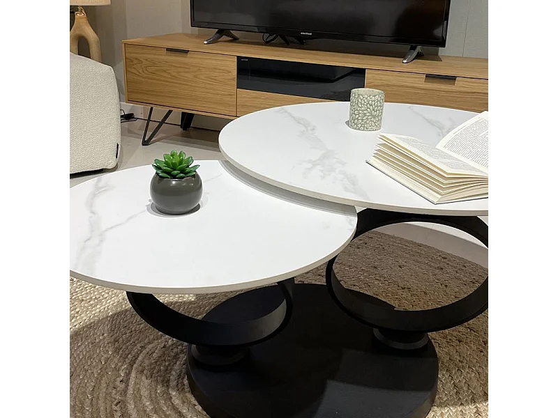 Table basse 2 plateaux ronds rotatifs céramique blanc marbré - SHIVA