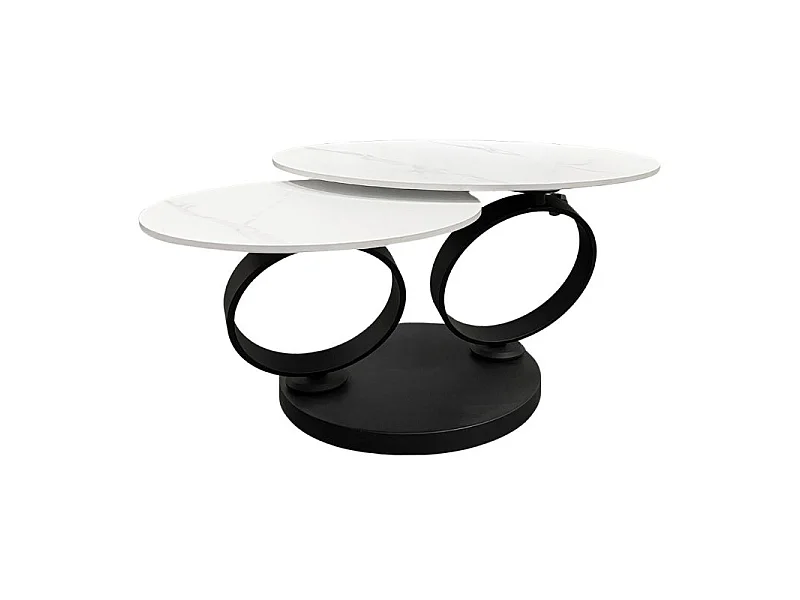 Table basse 2 plateaux ronds rotatifs céramique blanc marbré - SHIVA
