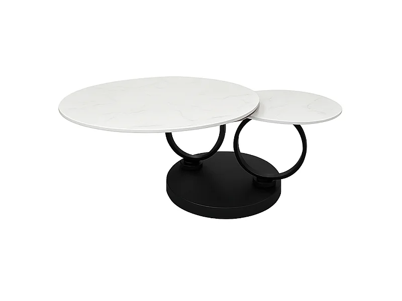 Table basse 2 plateaux ronds rotatifs céramique blanc marbré - SHIVA