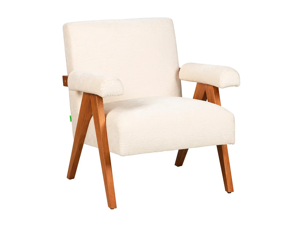 Veda - Fauteuil en tissu chenille et bois - Écru