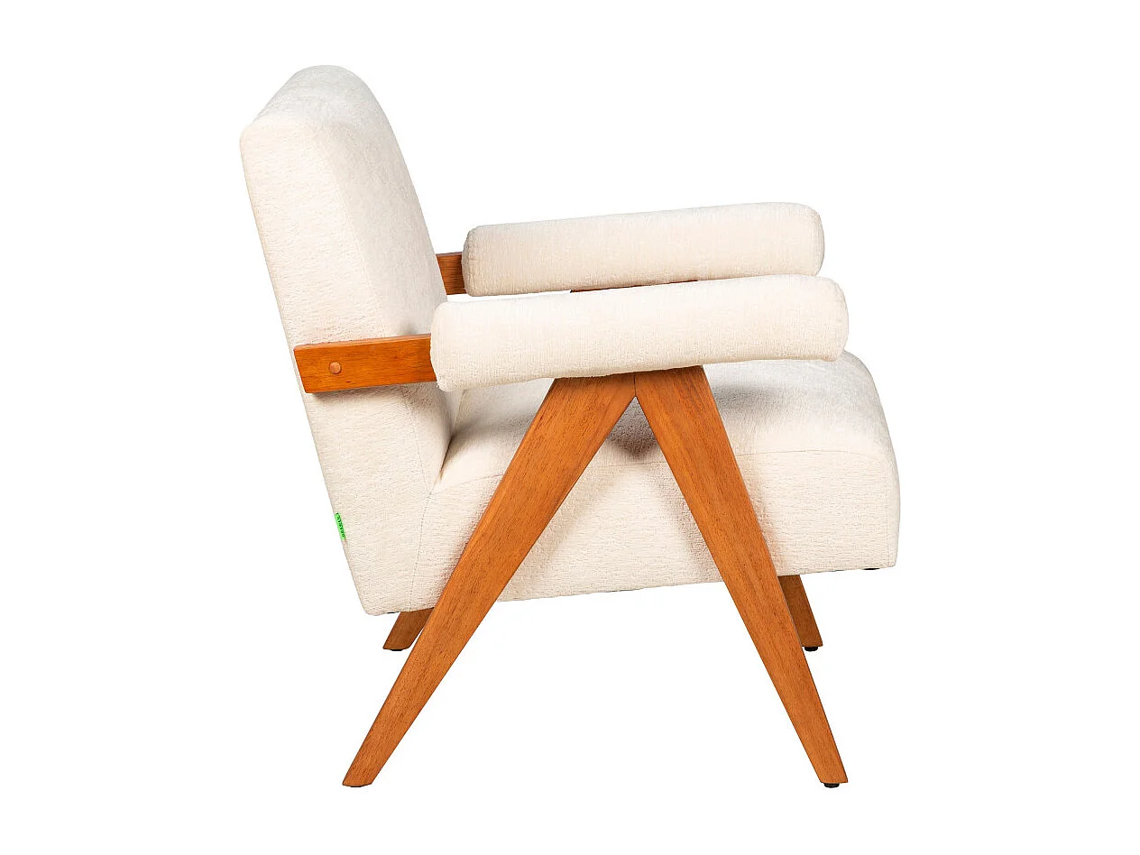 Veda - Fauteuil en tissu chenille et bois - Écru