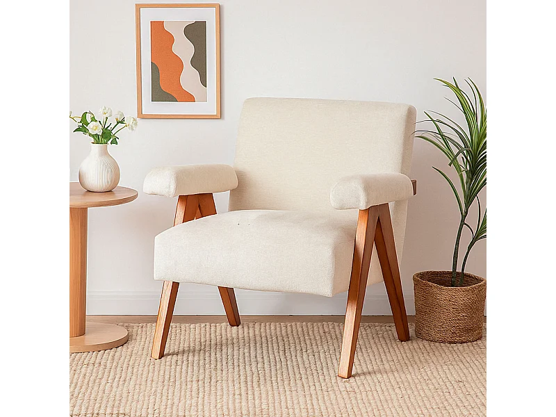 Veda - Fauteuil en tissu chenille et bois - Écru