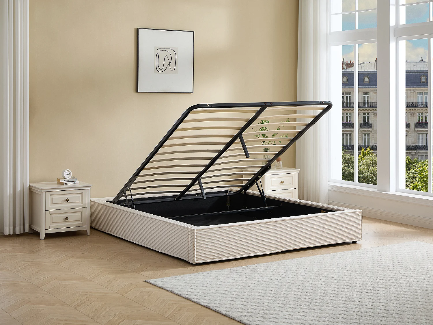 Sommier coffre 160 x 200 cm en velours côtelé - Crème - KARESO de YSMÉE