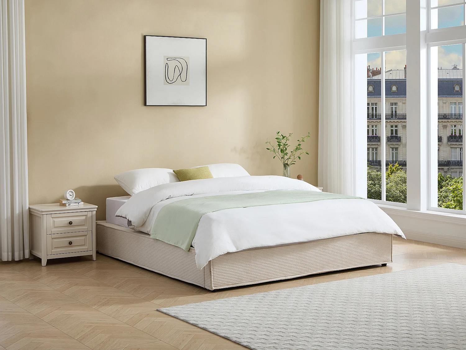 Sommier coffre 180 x 200 cm en velours côtelé - Crème - KARESO de YSMÉE