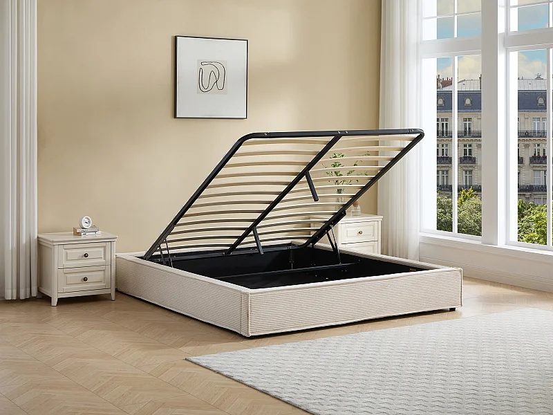 Sommier coffre 180 x 200 cm en velours côtelé - Crème - KARESO de YSMÉE