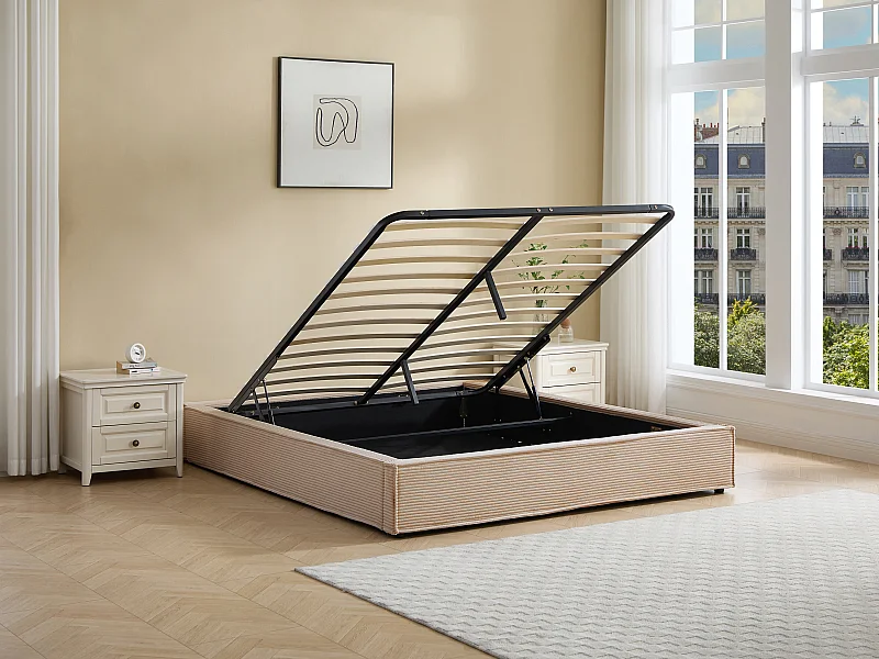 Sommier coffre 140 x 190 cm en velours côtelé - Beige - KARESO de YSMÉE