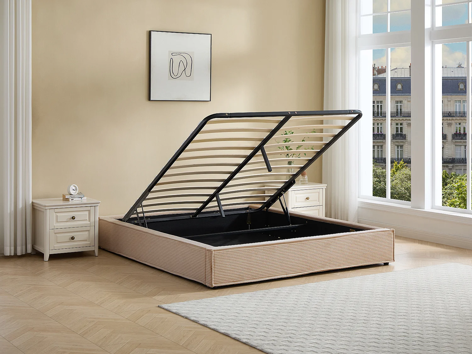 Sommier coffre 160 x 200 cm en velours côtelé - Beige - KARESO de YSMÉE