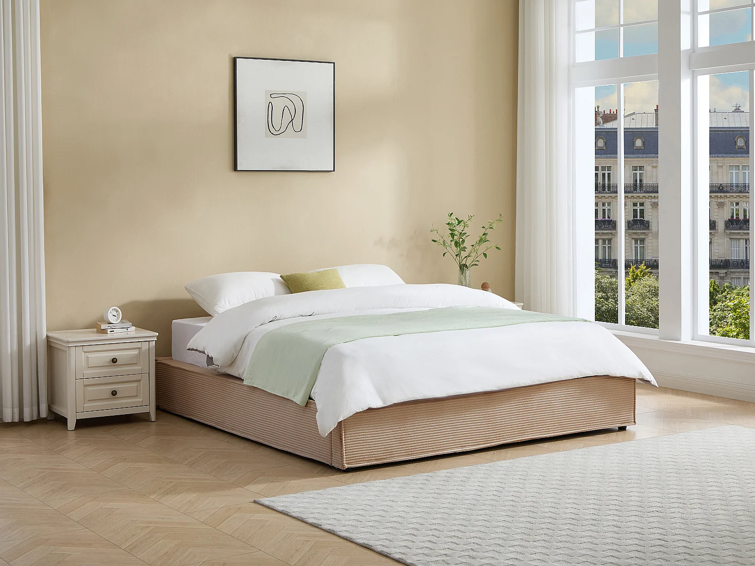 Sommier coffre 160 x 200 cm en velours côtelé - Beige - KARESO de YSMÉE
