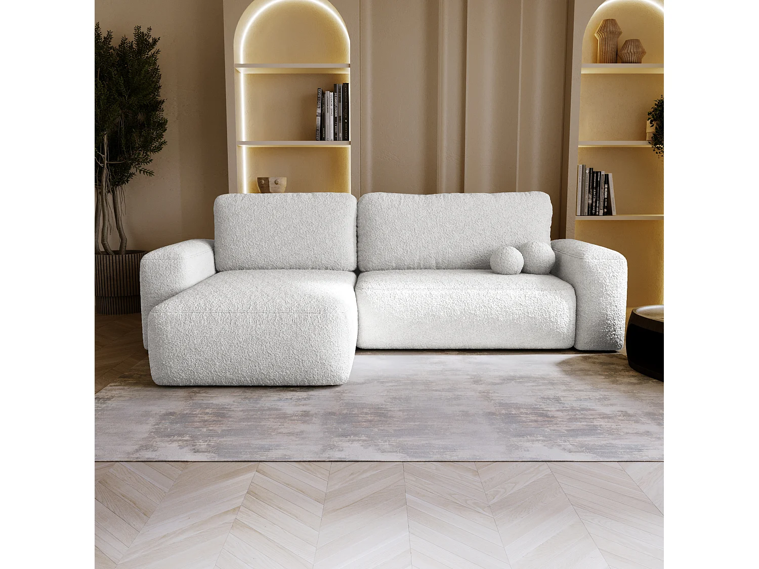 BESILIO Narożnik lewostronny rozkładany Ornello L- okrągłe poduszki, z funkcją spania, szezlong w boucle - Biały