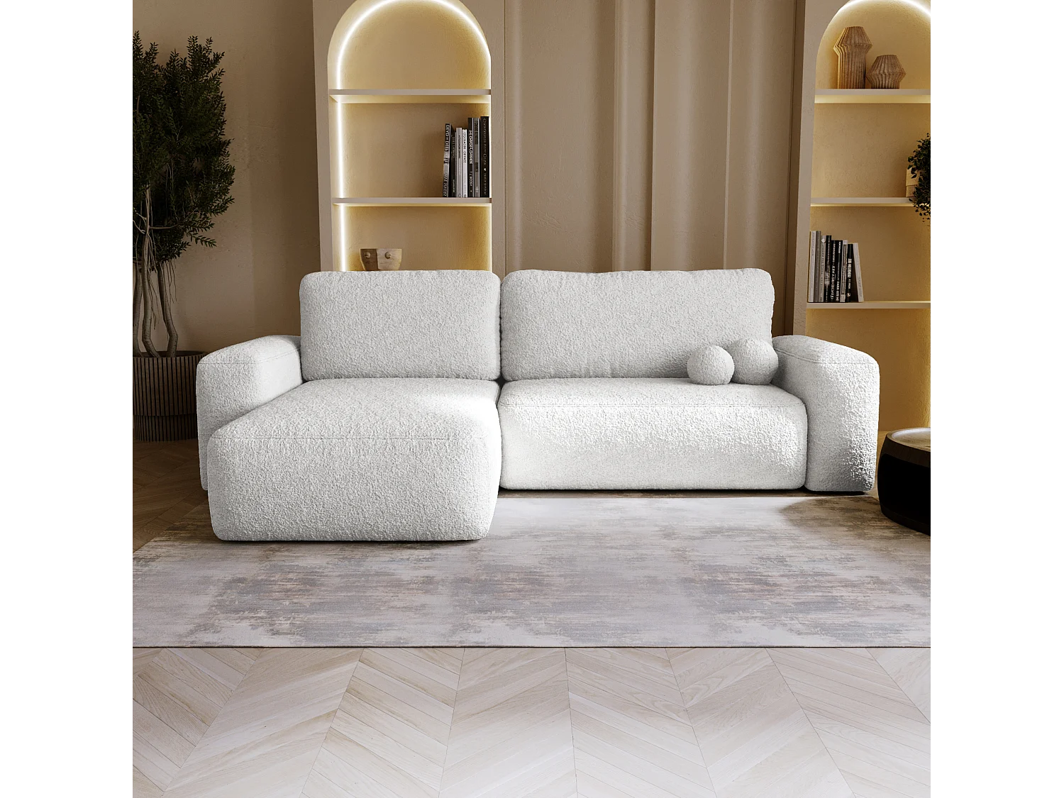 BESILIO Canapé d’angle gauche convertible Ornello L – coussins ronds, fonction lit, méridienne en tissu bouclé – Blanc