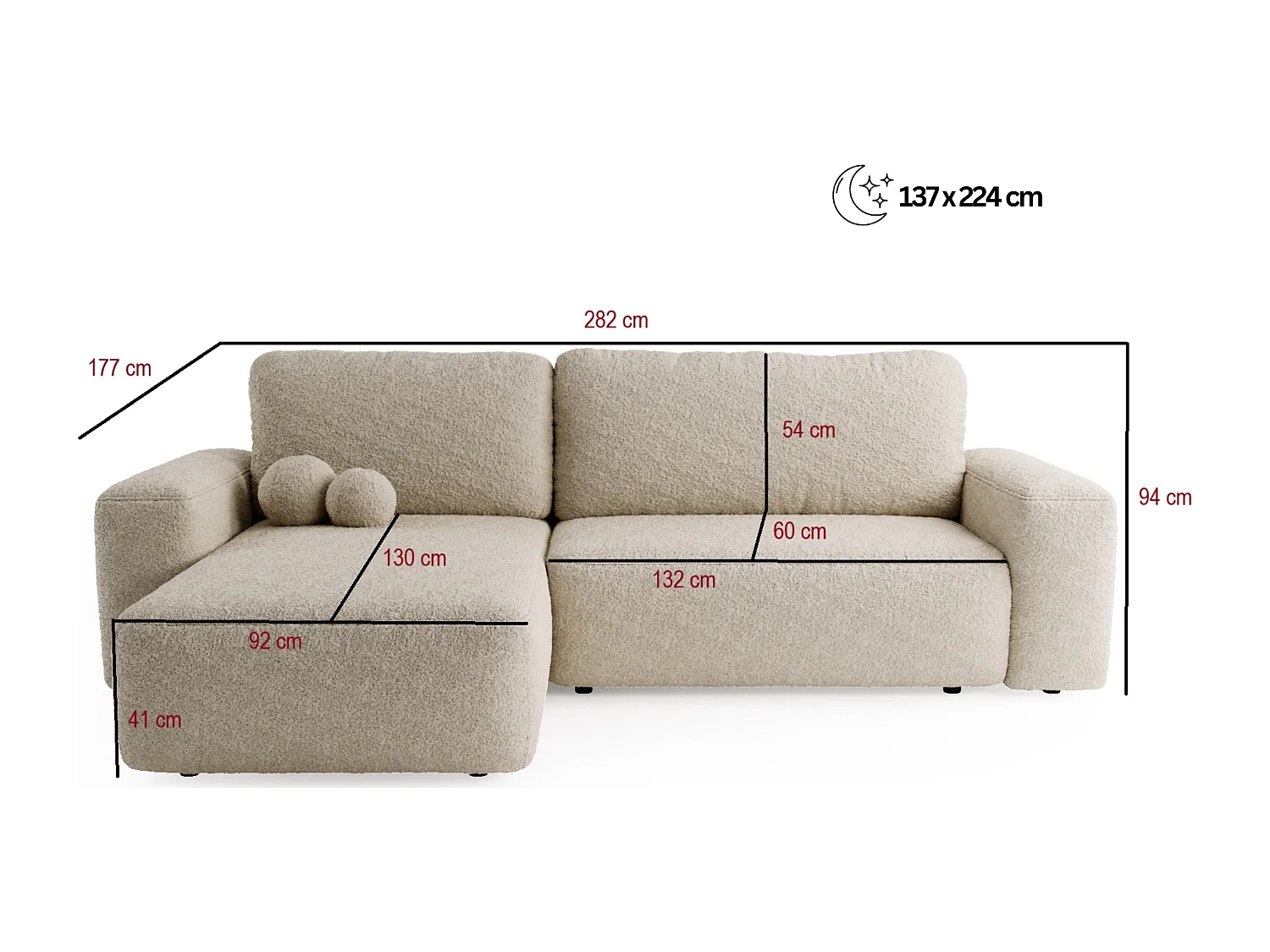 BESILIO Canapé d’angle gauche convertible Ornello L – coussins ronds, fonction lit, méridienne en tissu bouclé – Blanc