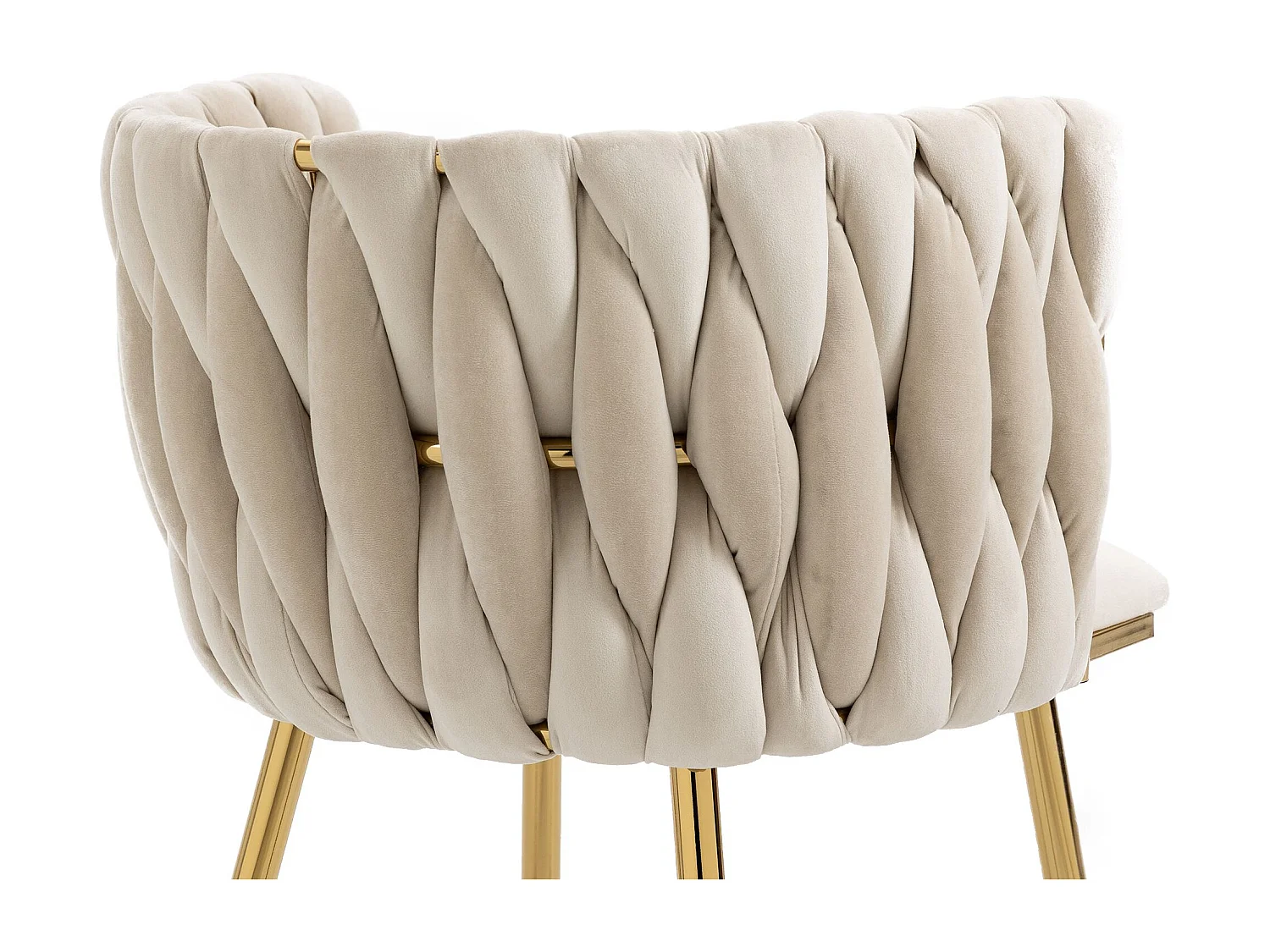 Fluwelen eetkamerstoel, halfboogvormige gevlochten rugleuning, gouden metalen poten – ivoor