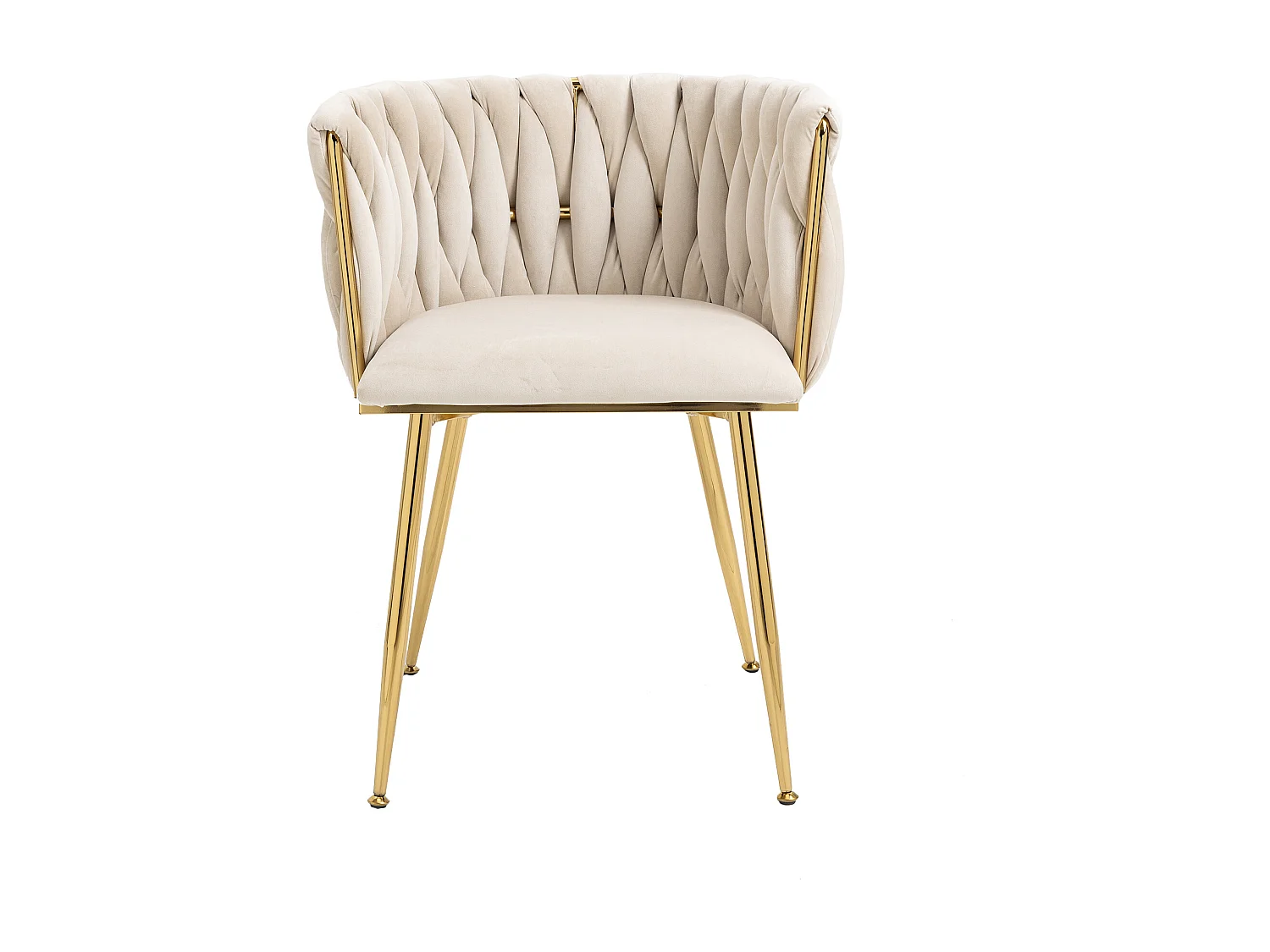 Fluwelen eetkamerstoel, halfboogvormige gevlochten rugleuning, gouden metalen poten – ivoor