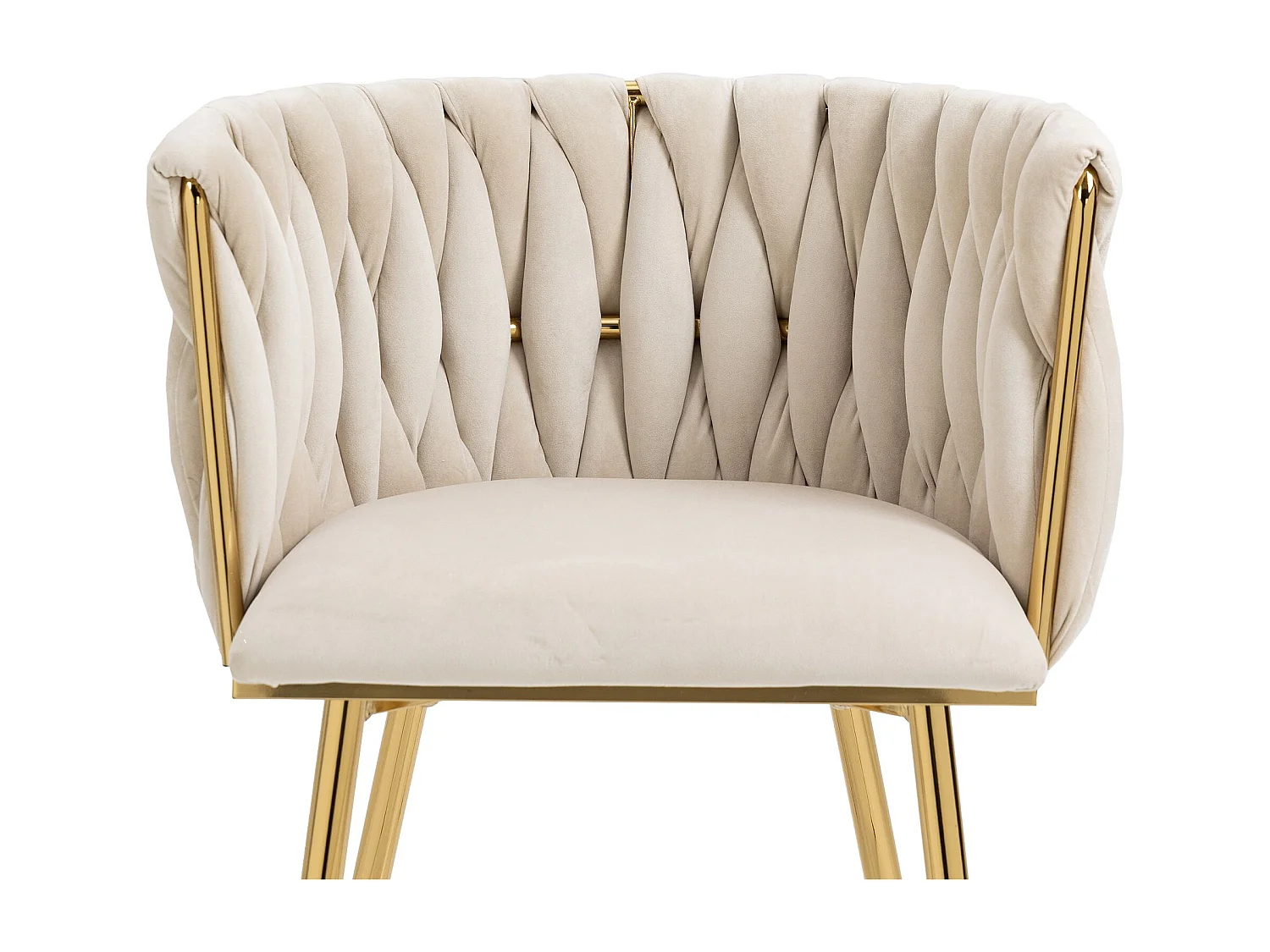 Fluwelen eetkamerstoel, halfboogvormige gevlochten rugleuning, gouden metalen poten – ivoor