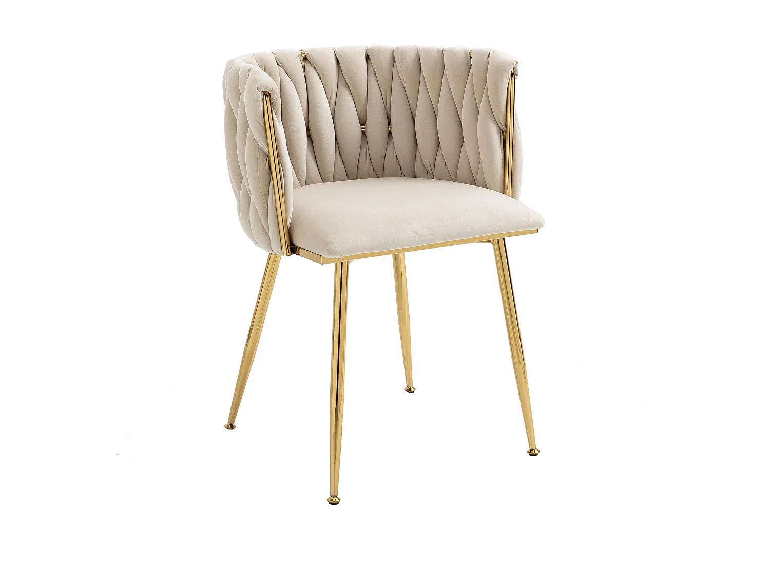Fluwelen eetkamerstoel, halfboogvormige gevlochten rugleuning, gouden metalen poten – ivoor