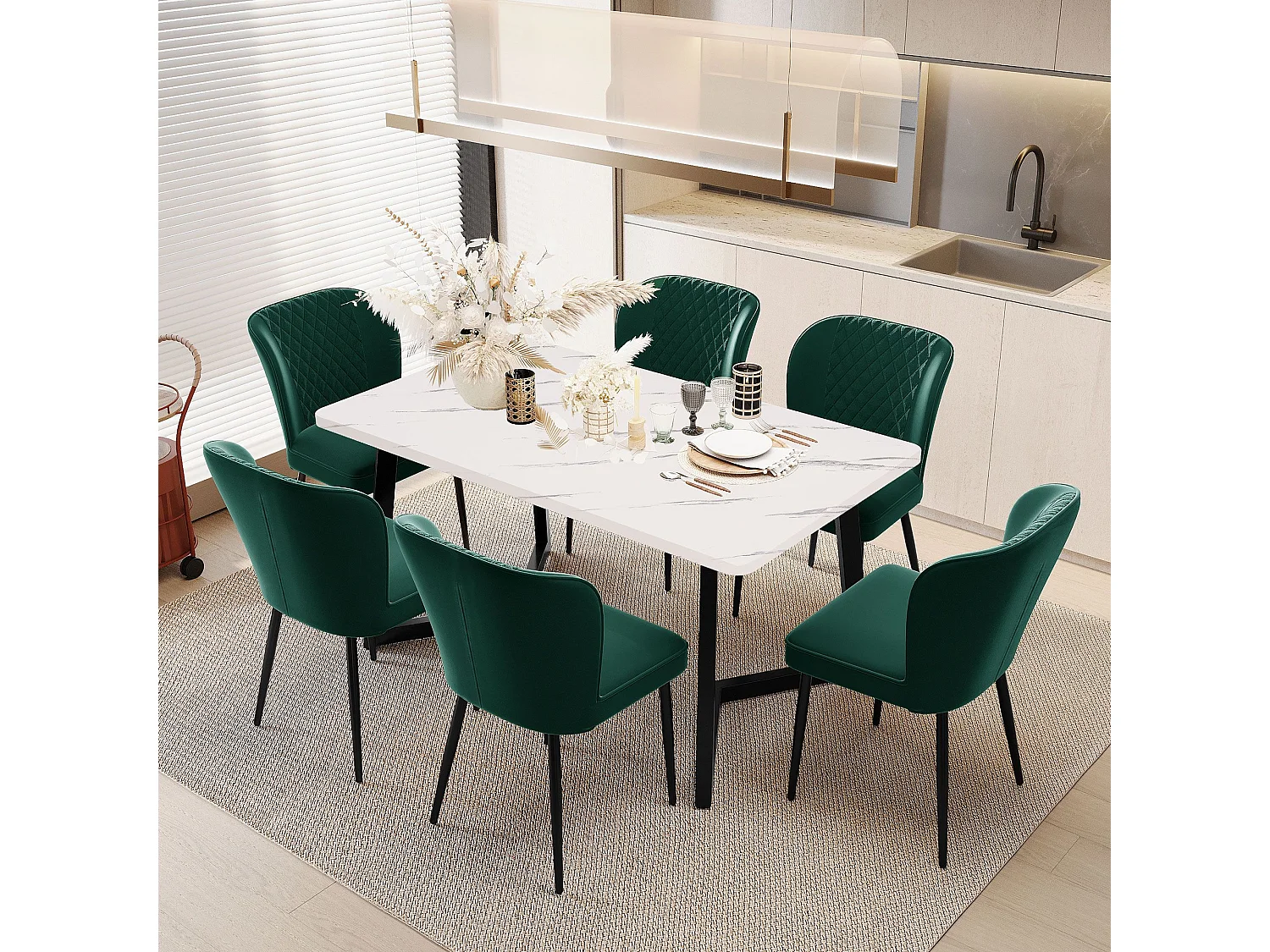 Chaise de salle à manger en velours, piètement métal – vert