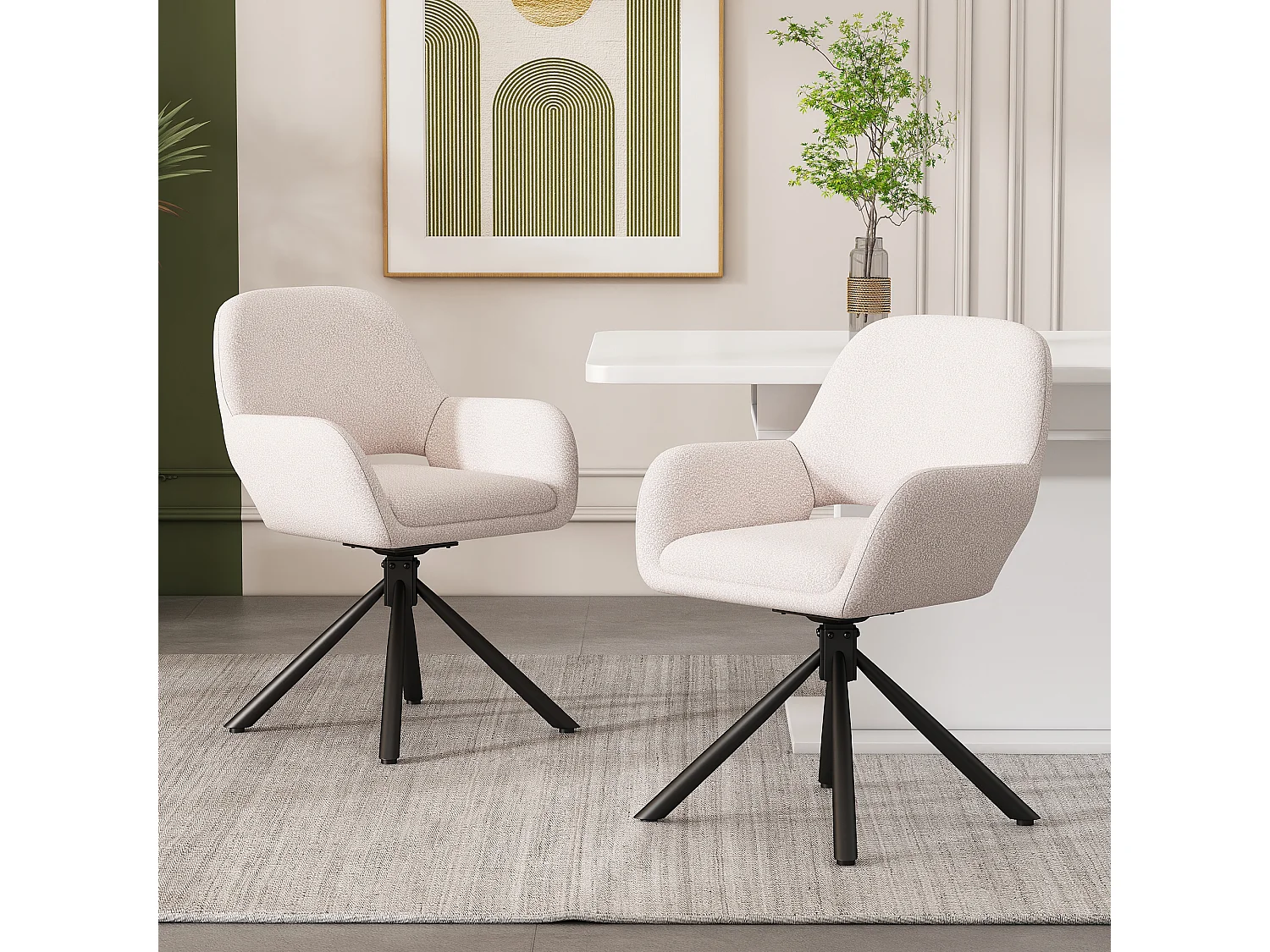 Set van 6 Sherpa stoelen, modern design, draaibaar met armleuningen – wit