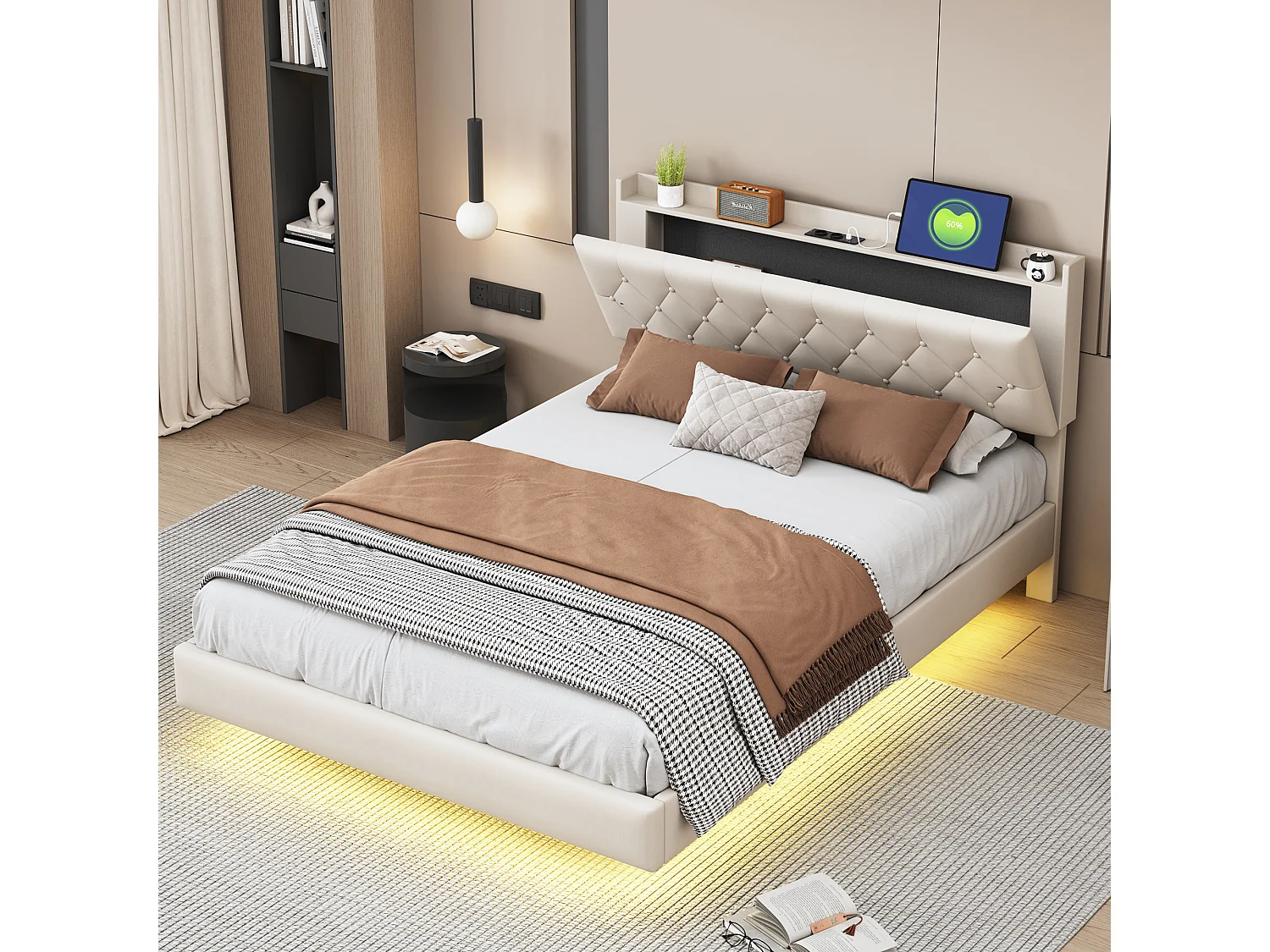 Łóżko dla dorosłych 140 x 200 cm - z oświetleniem LED, zagłówek - len - beżowe