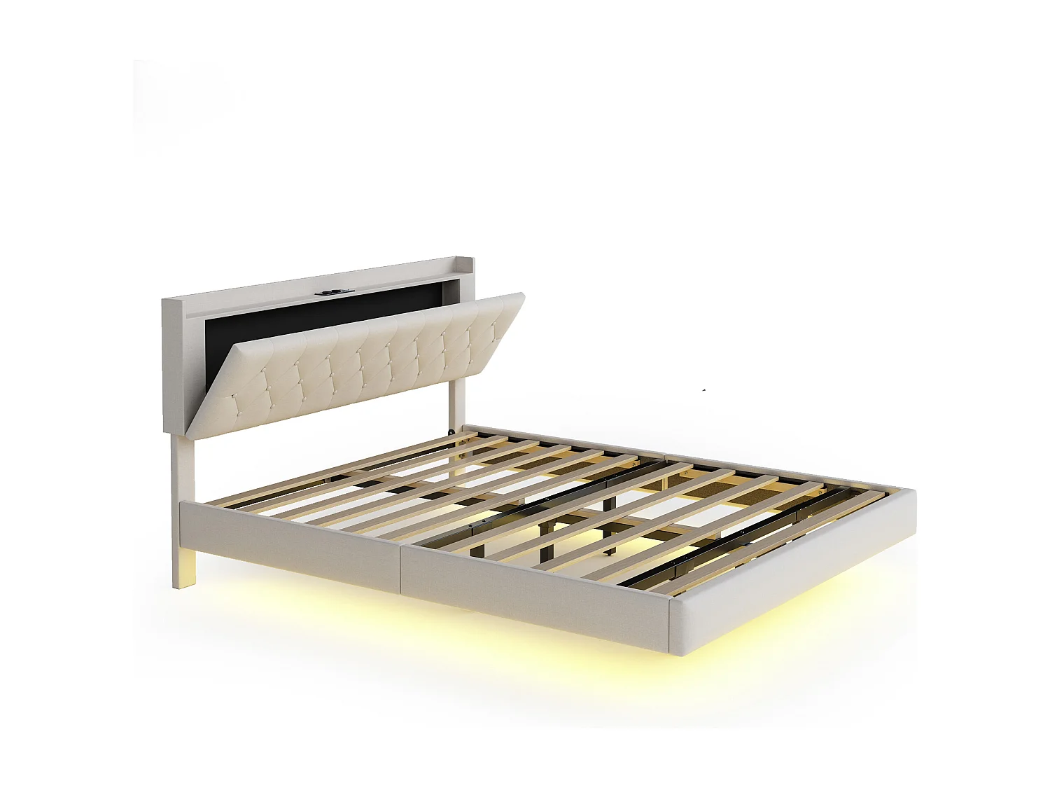 Łóżko dla dorosłych 140 x 200 cm - z oświetleniem LED, zagłówek - len - beżowe