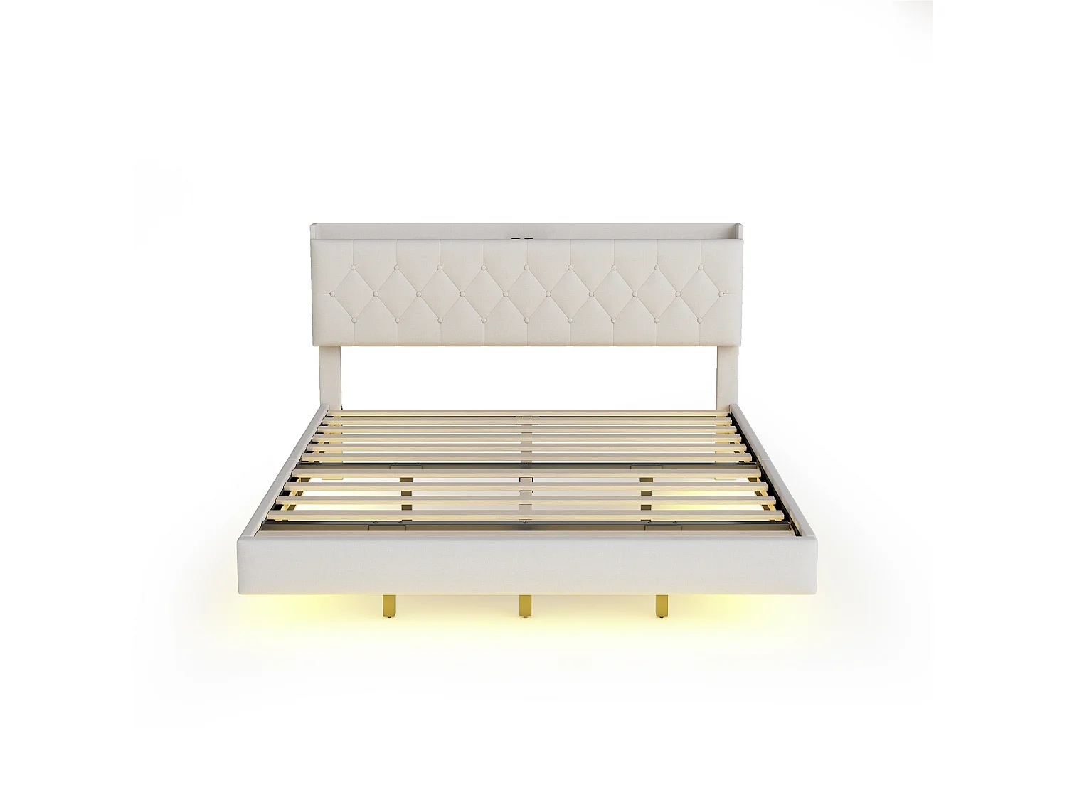 Łóżko dla dorosłych 140 x 200 cm - z oświetleniem LED, zagłówek - len - beżowe