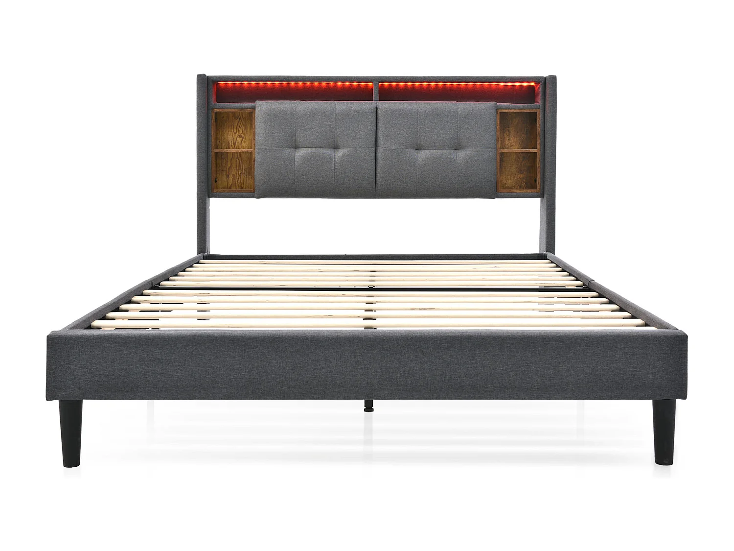 Volwassen bed 140 x 200 cm - Hoofdbord met opbergruimte en USB-aansluiting - linnengrijs - inclusief matras