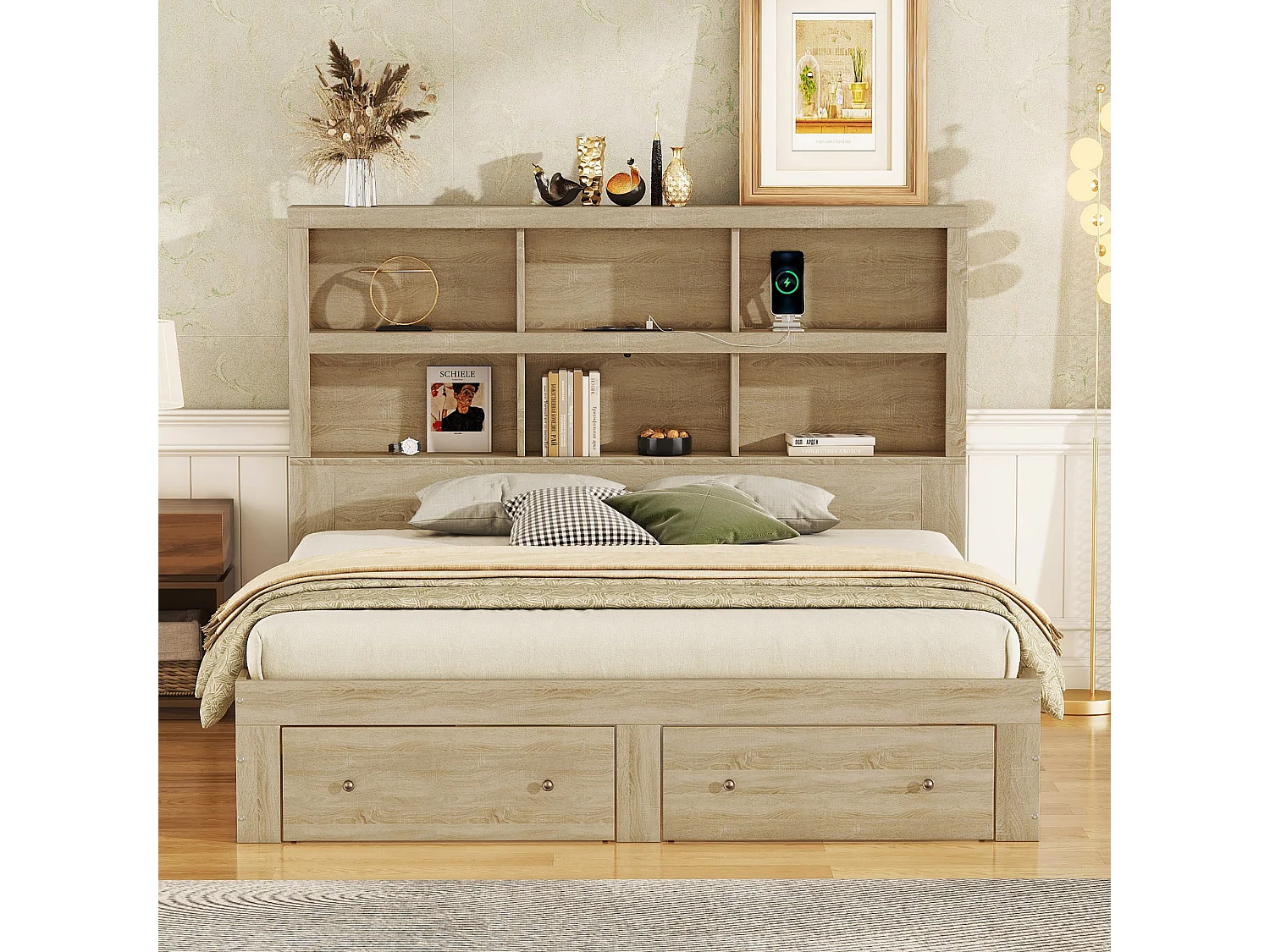 Volwassen bed 160x200cm - met 2 lades - hoofdeinde met opbergruimte - gemaakt van hout - matras niet inbegrepen