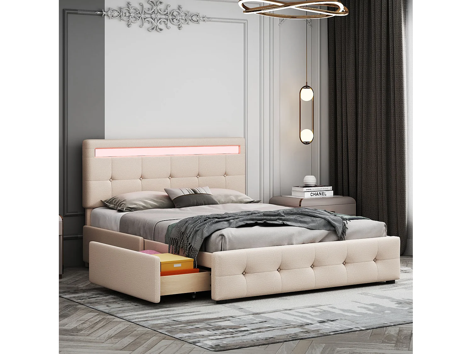 Doppelbett (140 x 200 cm) mit 4 Schubladen und LED-Lampe – beige Bettwäsche – Matratze nicht im Lieferumfang enthalten