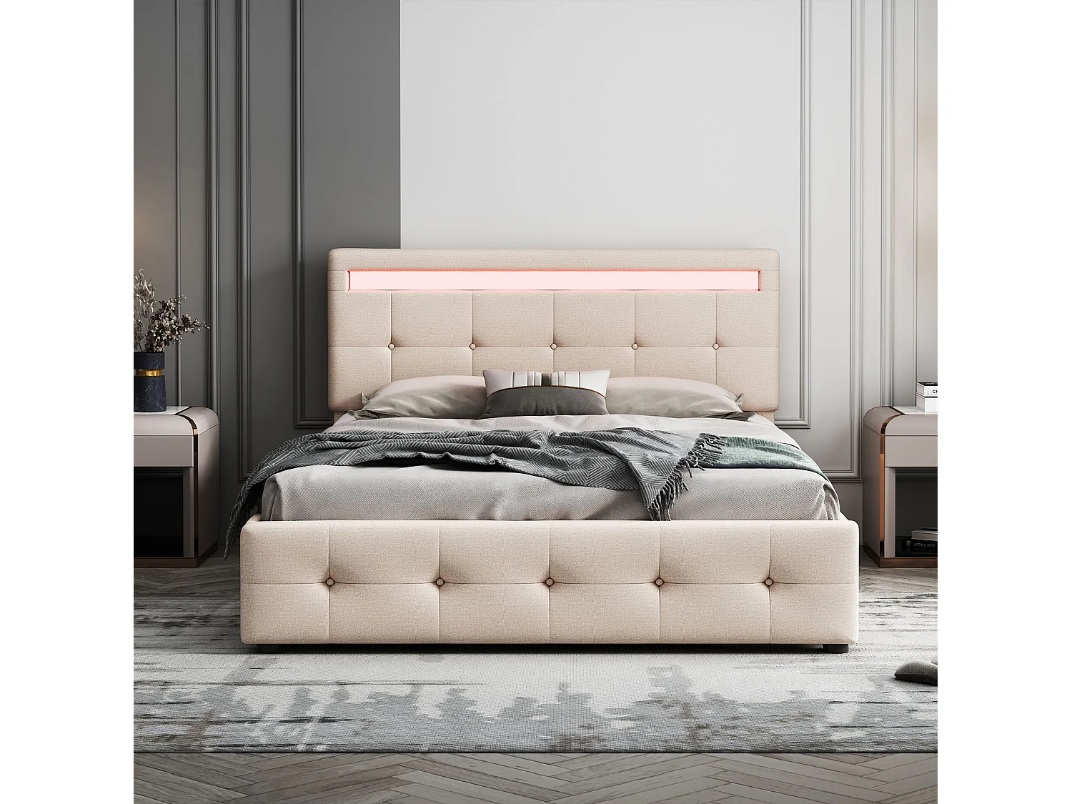 Doppelbett (140 x 200 cm) mit 4 Schubladen und LED-Lampe – beige Bettwäsche – Matratze nicht im Lieferumfang enthalten