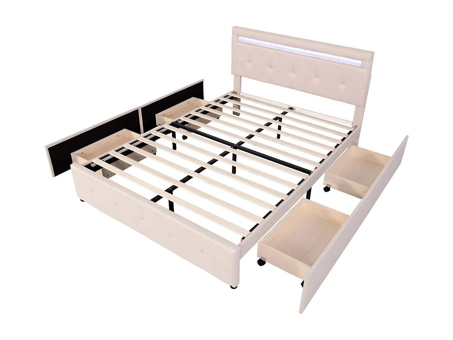 Doppelbett (140 x 200 cm) mit 4 Schubladen und LED-Lampe – beige Bettwäsche – Matratze nicht im Lieferumfang enthalten