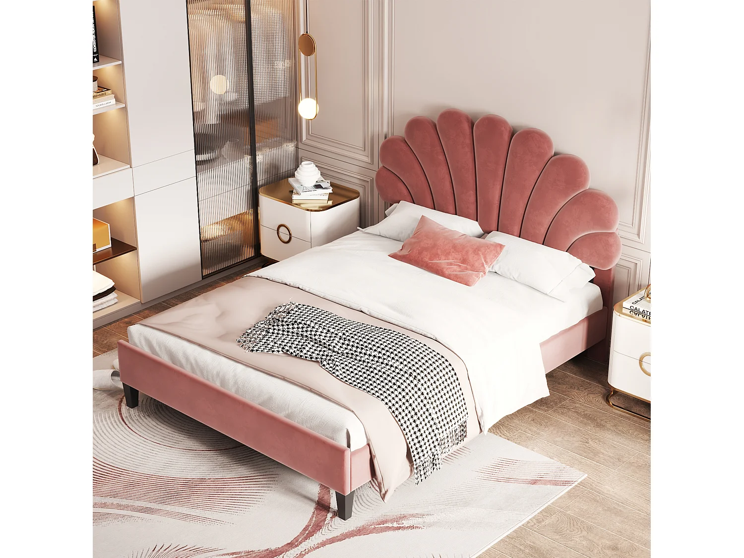 Łóżko dziecięce 140x200 cm - zagłówek w kształcie kwiatka - welur w kolorze fasolowym - materac nie jest wliczony w cenę